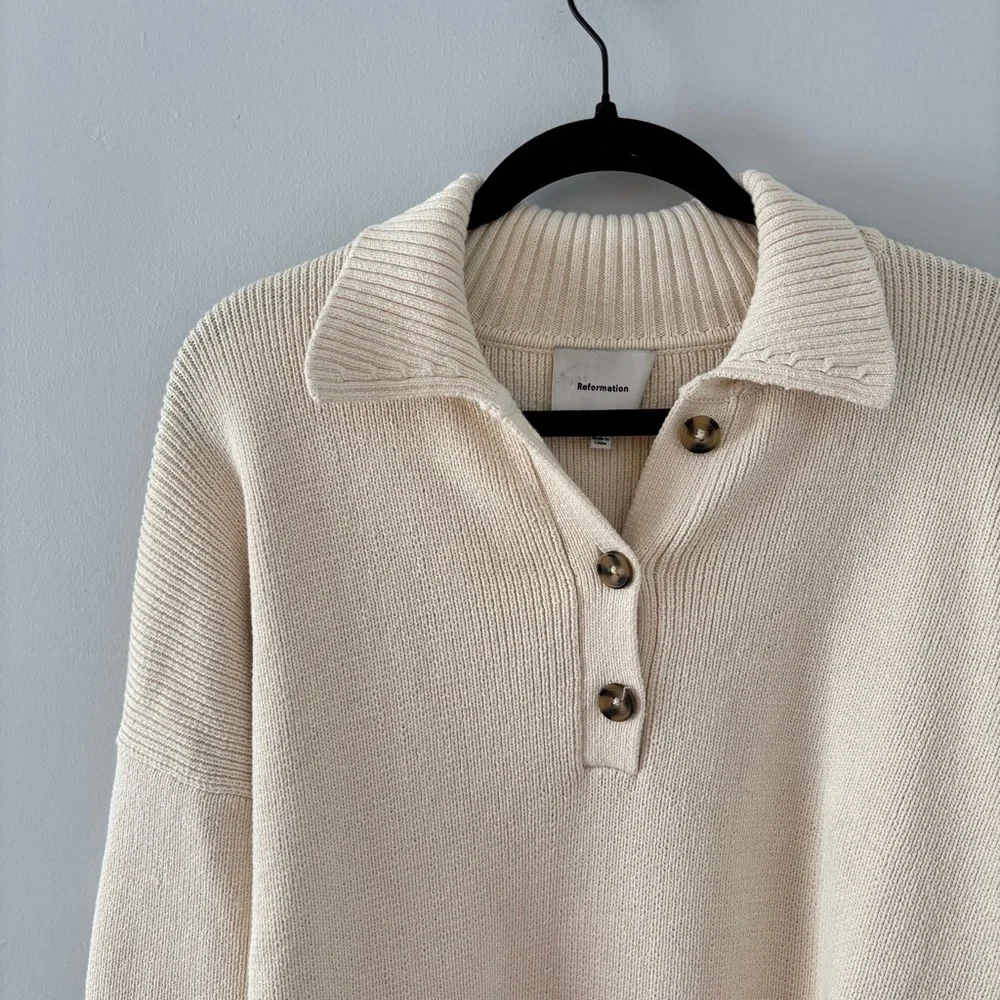 Reformation Brooklyn Organic Cotton Sweater Polo Thick Knit Pullover Cream - Picture 3 of 8